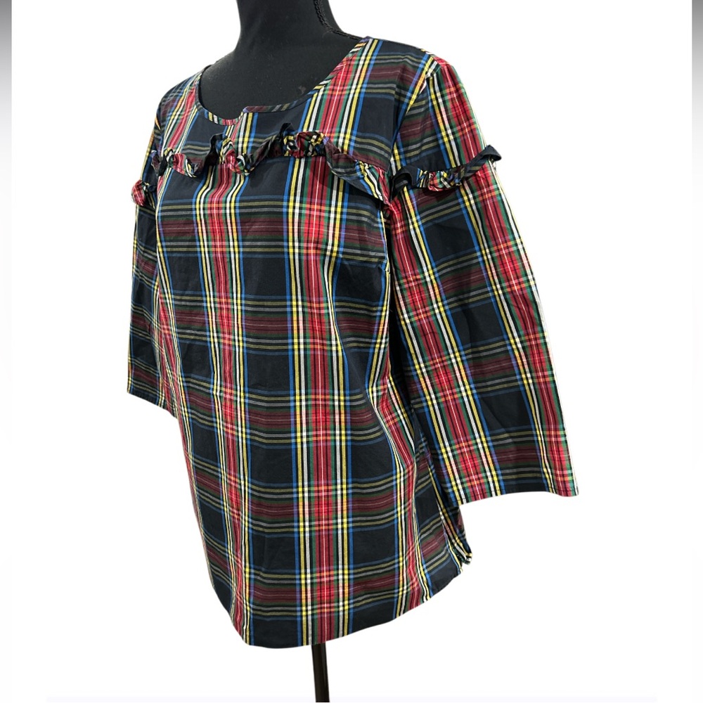 🔥TALBOTS! STEWART PLAID POPLIN RUFFLE POPOVER TOP! STUNNING! FESTIVE! LIKE NEW! - Picture 9 of 16